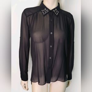 NWT Sans Souci Rhinestone Collar Black Sheer Long Sleeve Button Blouse Women Med